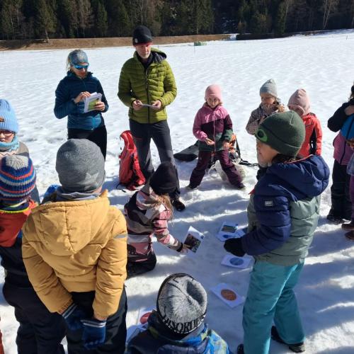 Kinder stehen im Kreis und erfahren etwas über Winterruhe, Winterstarre,...